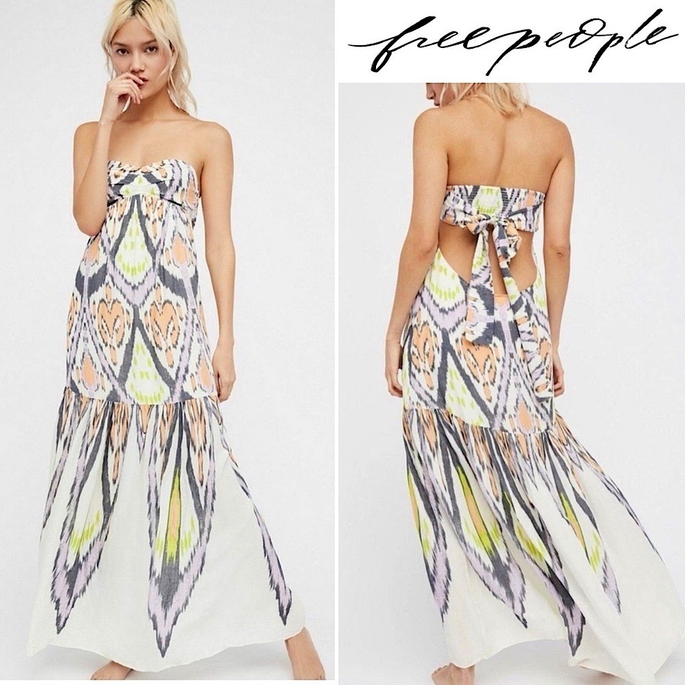 Free People The Mojave Strapless Cutout Back Dress  L Boho Maxi Romantic Beach